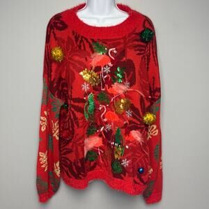 NWT 33 Degrees Flamingo Sequin Pom Pom Bell Ugly Christmas Sweater Womens Sz XL